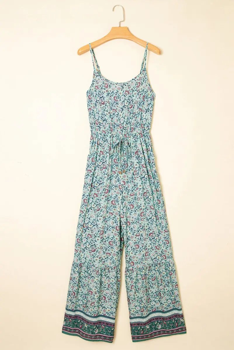 Green Bohemian Floral Ruffle Bottom Spaghetti Strap Jumpsuit - Love Salve